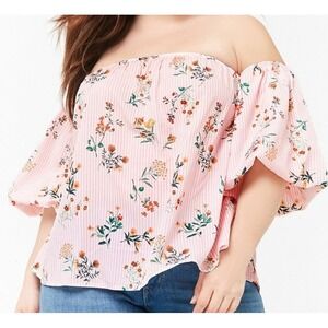 Forever 21 2X Off The Shoulder Top Shirt  Pink Stripe Floral Bell Sleeve